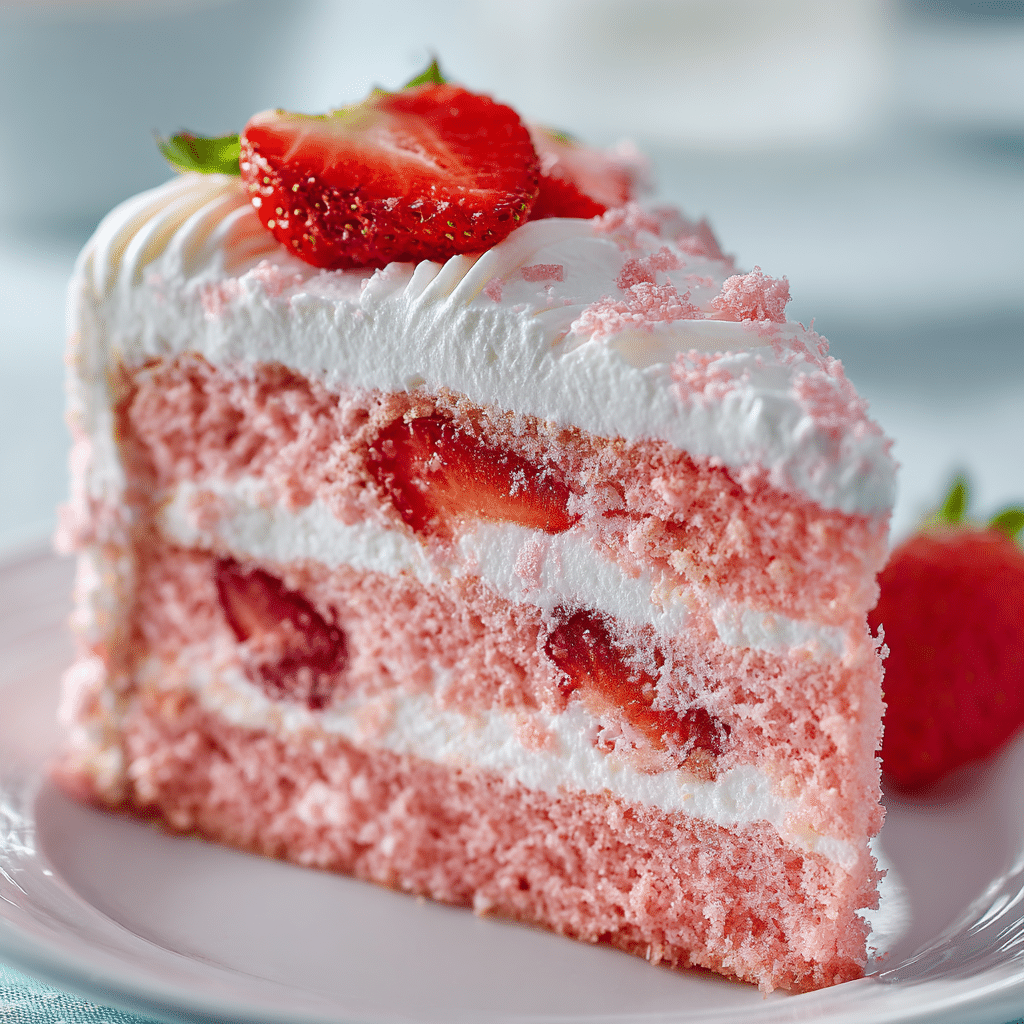 Homemade Strawberry Cake Recipe – Sweet, Simple & Delicious 4 Close-up of a slice of strawberry cake with fresh strawberry frosting and cream layers.