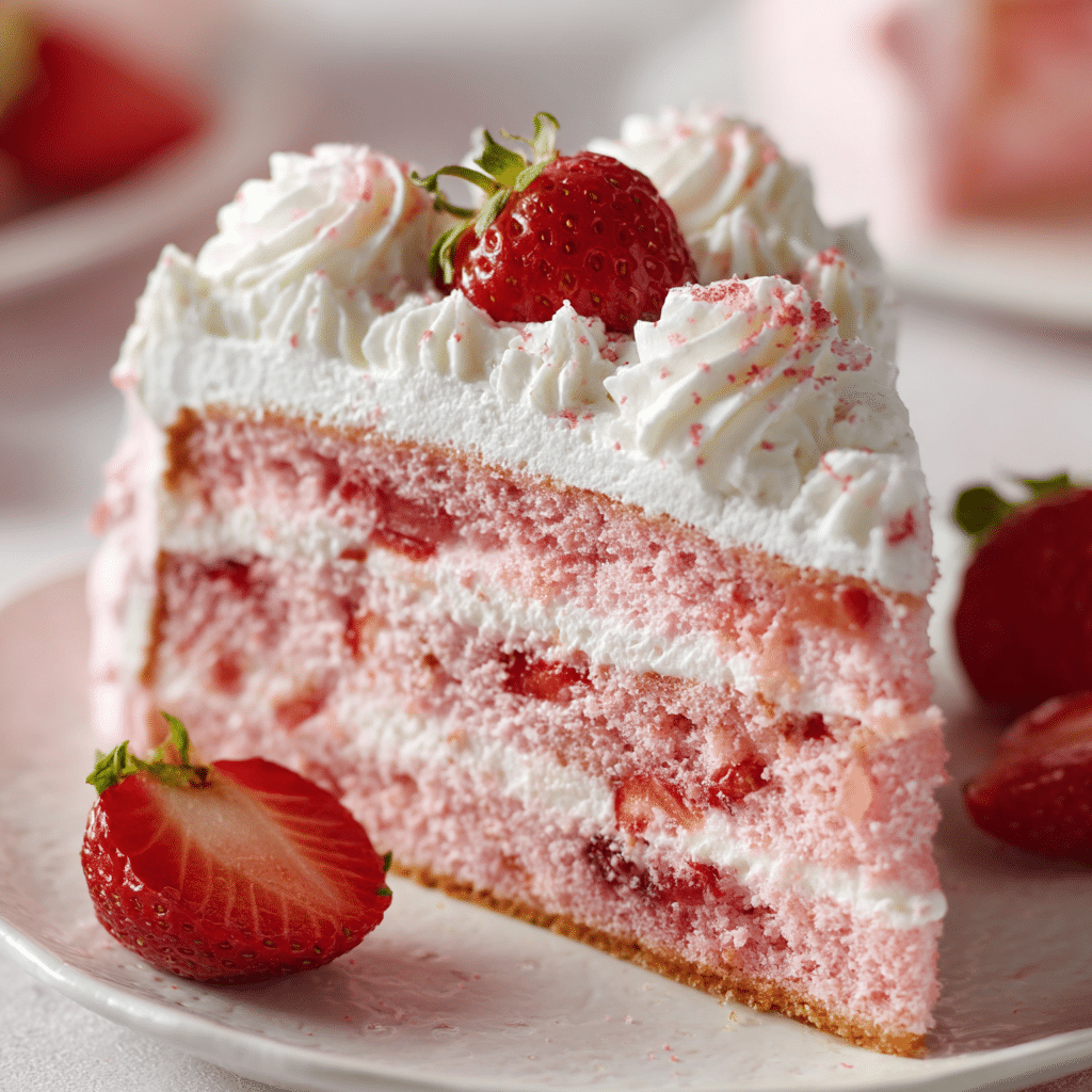 Homemade Strawberry Cake Recipe – Sweet, Simple & Delicious 5 Close-up of a slice of strawberry cake with fresh strawberry frosting and cream layers.