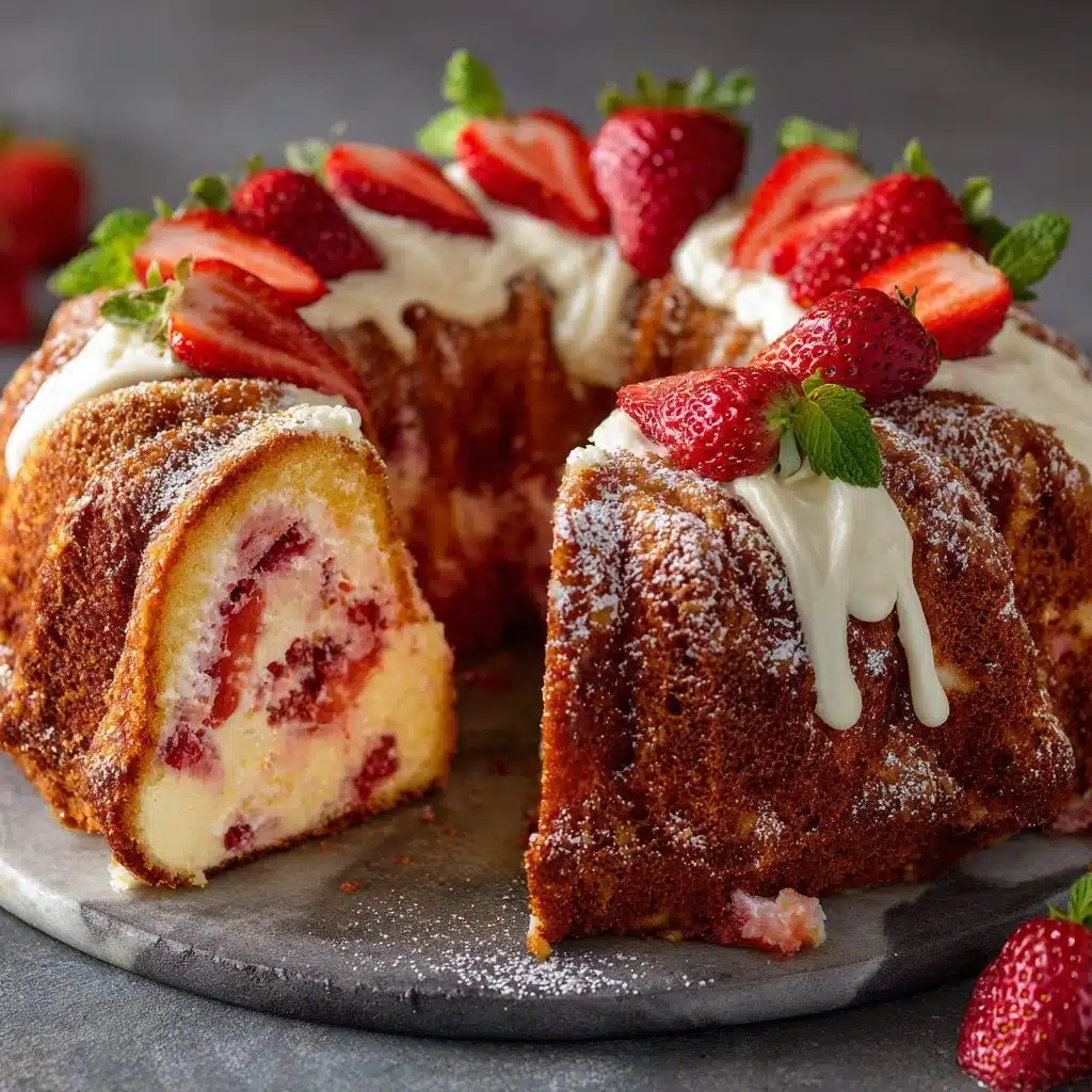 The Ultimate Strawberry Cream Cheese Pound Cake for Any Occasion 4 Strawberry cream cheese pound cake with a slice cut out, showcasing its moist texture.