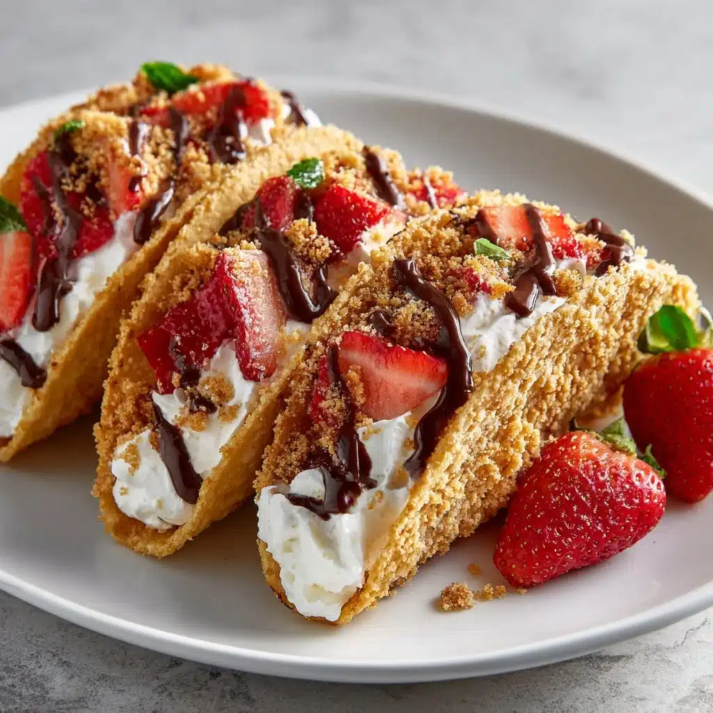 Strawberry Crunch Cheesecake Tacos – Easy No-Bake Dessert Recipe 4 Delicious strawberry crunch cheesecake tacos served on a plate