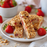 Strawberry Granola Bars – Fruity, Wholesome & Easy 11 strawberry granola bars in white plate with strawberries scattered around