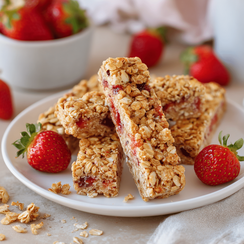 Home Page 9 strawberry granola bars in white plate with strawberries scattered around