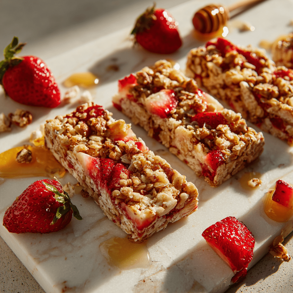 Strawberry Granola Bars – Fruity, Wholesome & Easy 7 strawberry granola bars freshly cutted on white marbre board in with strawberries scattered around
