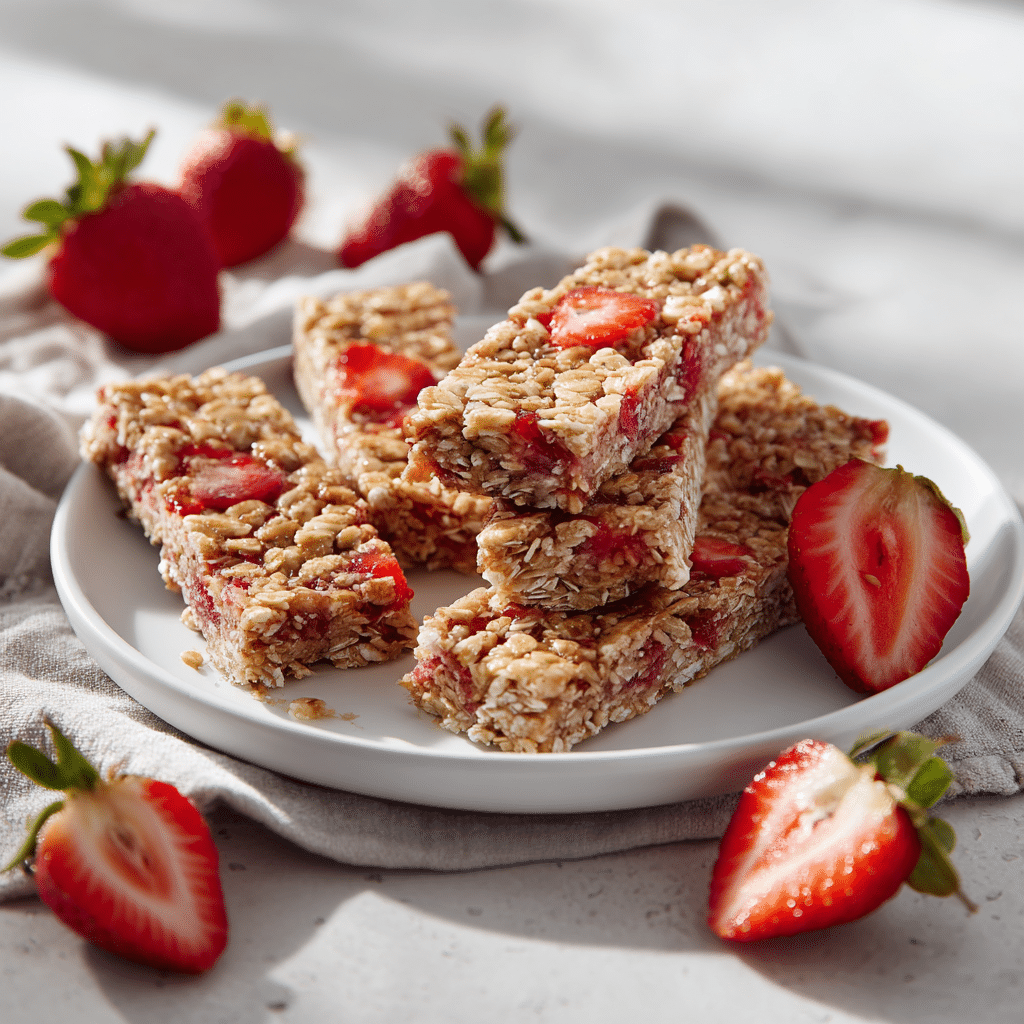 Strawberry Granola Bars – Fruity, Wholesome & Easy 10 strawberry granola bars in white plate with strawberries scattered around