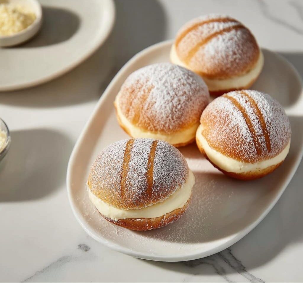 Delicious homemade maritozzi, soft Italian cream-filled buns on a plate