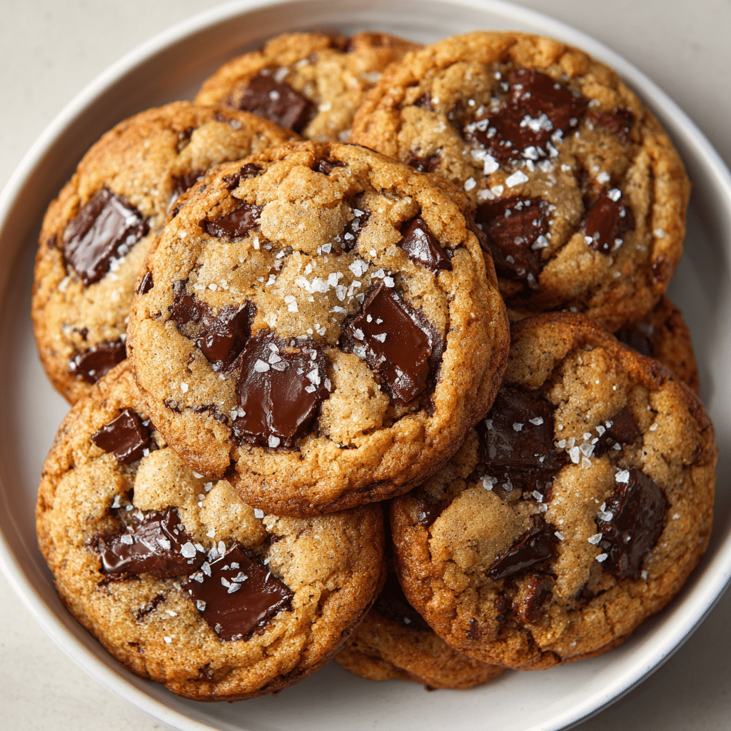 Freshly baked sourdough chocolate chip cookies on a plate.