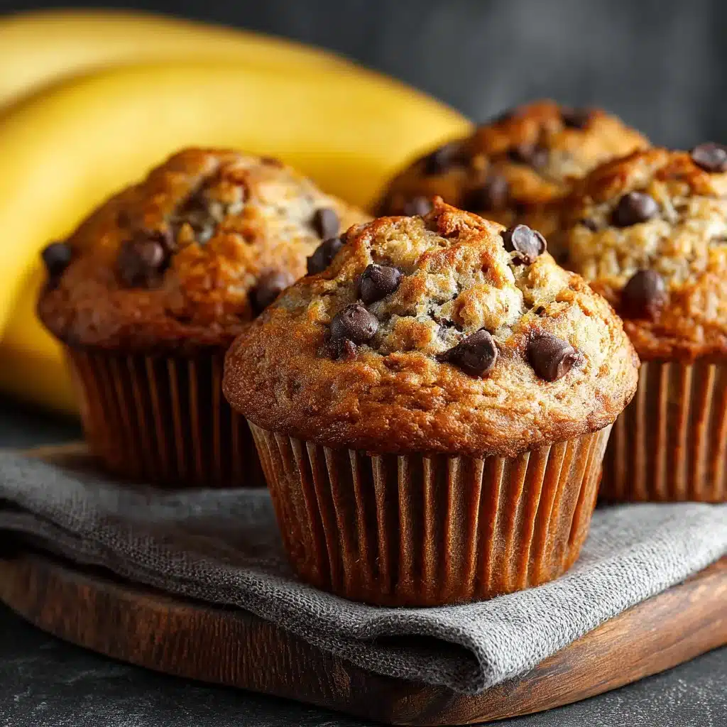 Freshly baked banana chocolate chip muffins on a wooden table.
