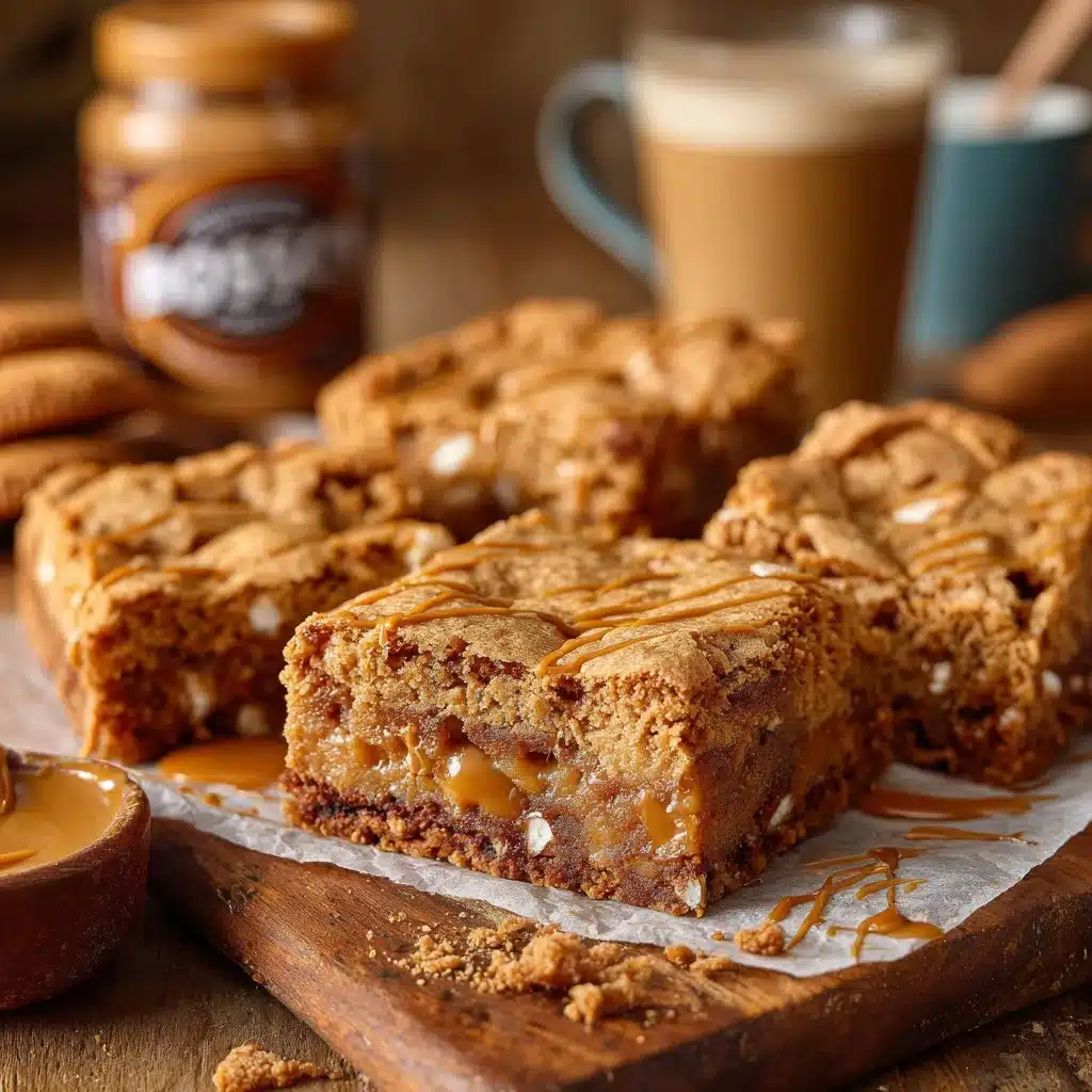 Indulge in Biscoff Blondies: A Sweet Treat to Satisfy Cravings 3 Delicious Biscoff Blondies topped with caramel drizzles and crumbs
