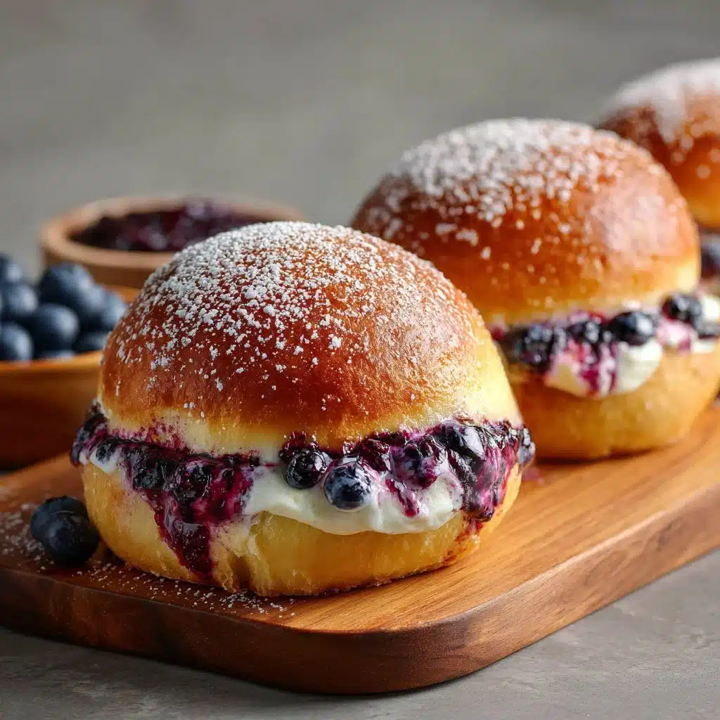 Blueberry Cream Brioche Buns: A Bakery Delight at Home 3 Delicious blueberry cream brioche buns topped with fresh blueberries.