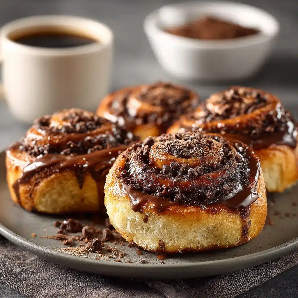 Chocolate Cinnamon Rolls Recipe You'll Love! 3 Freshly baked chocolate cinnamon rolls with drizzled chocolate icing.