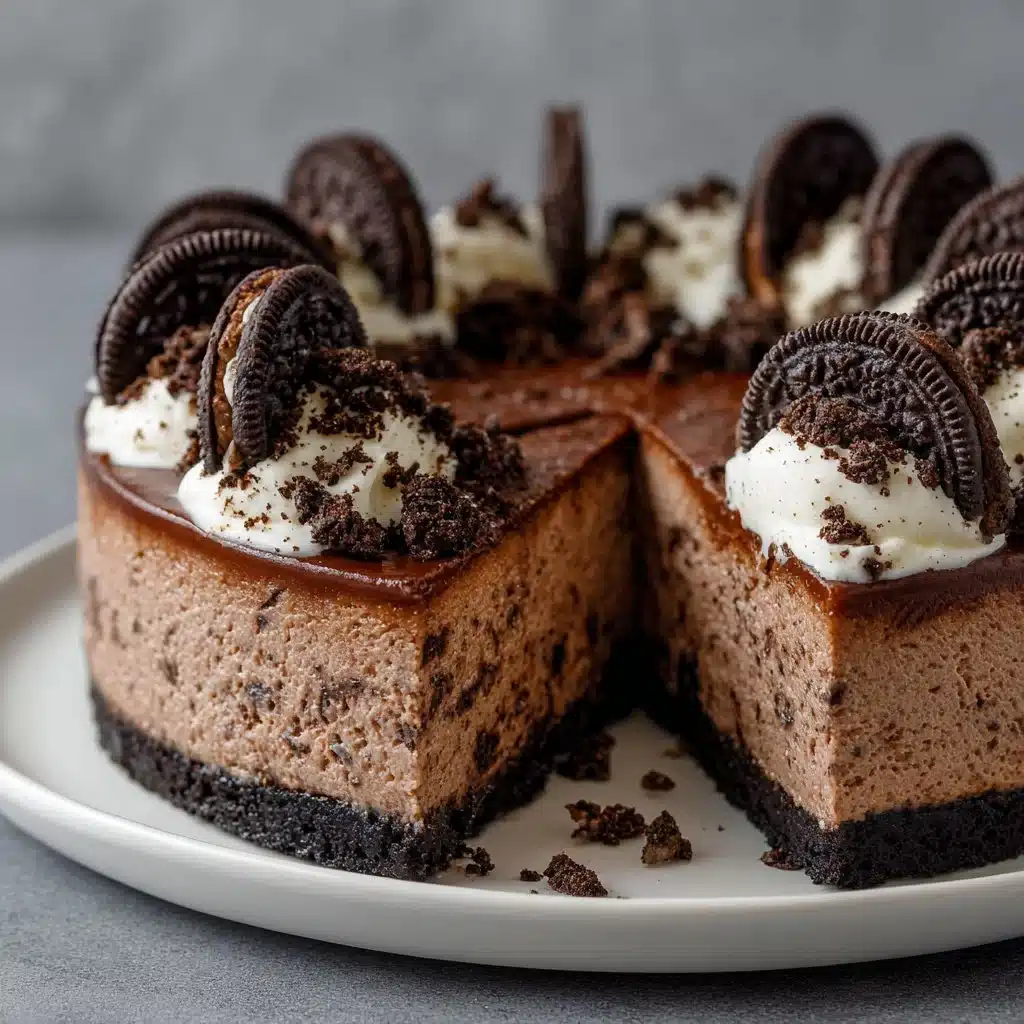 Delicious Chocolate Oreo Cheesecake with cookie crust and toppings