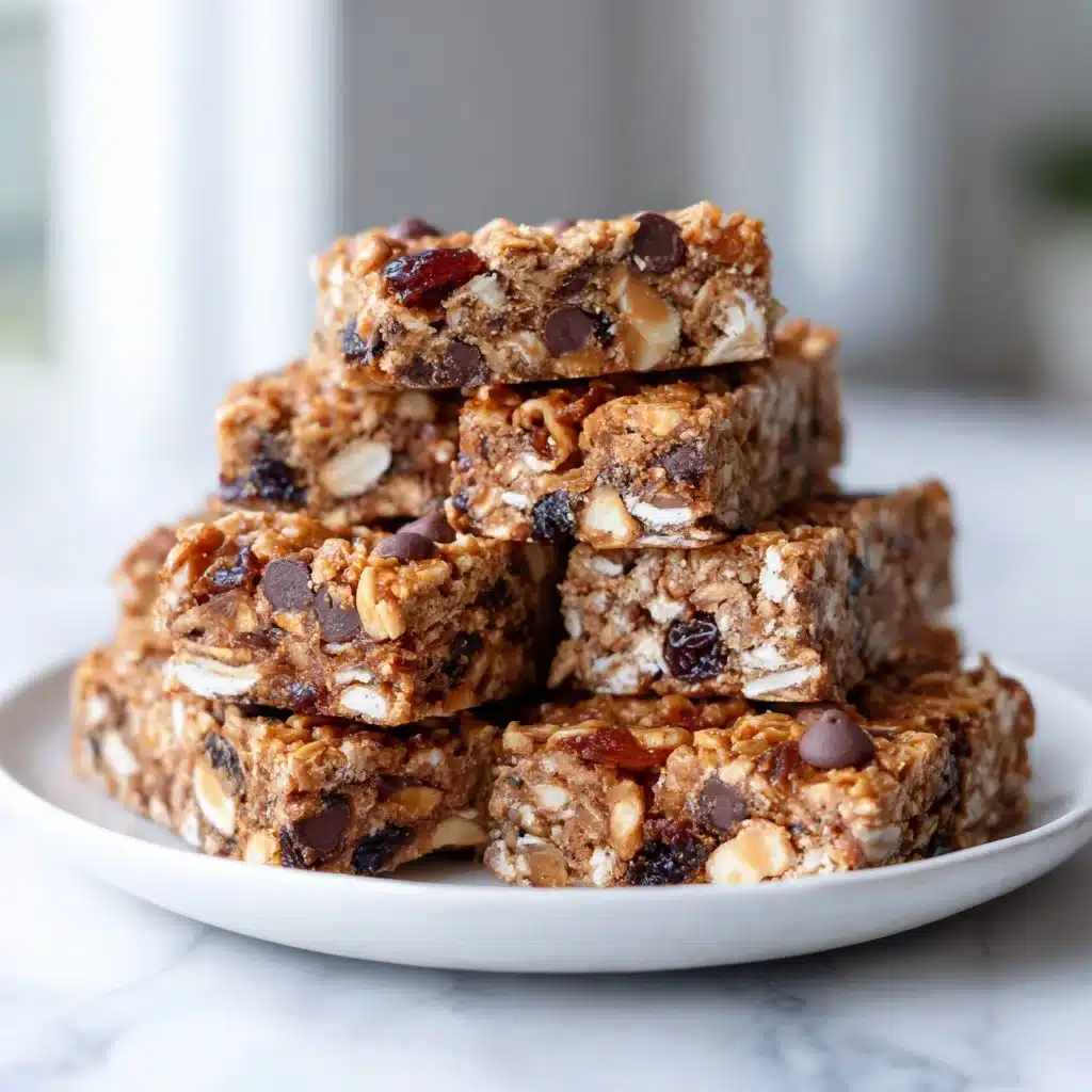Delicious homemade easy no bake granola bars stacked on a plate.
