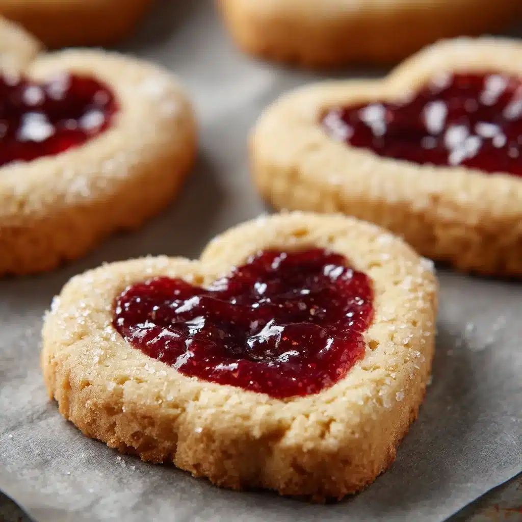 Sweet Heart Shaped Jam Cookies: A Delightful Treat to Share 3 Heart-shaped jam cookies filled with fruit preserves on a plate.