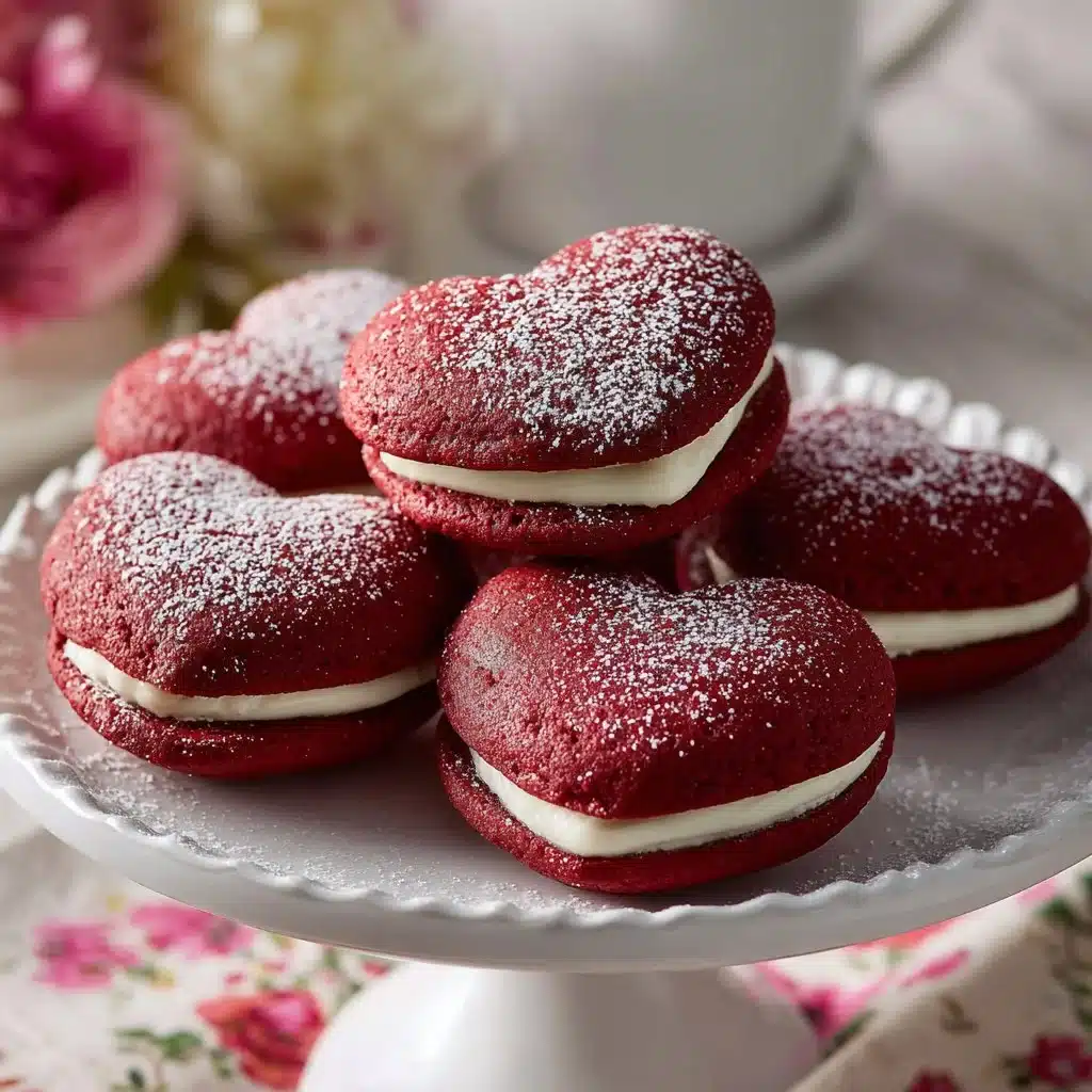 Heart-Shaped Red Velvet Whoopie Pies with Cream Filling Recipe 3 Heart-shaped red velvet whoopie pies with cream filling on a decorative plate.