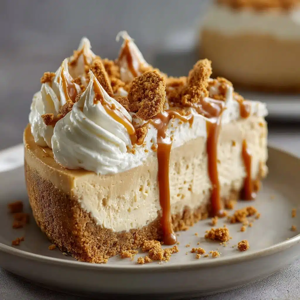 Home Page 6 Delicious no bake Biscoff cheesecake topped with caramel drizzle and Biscoff crumbs.