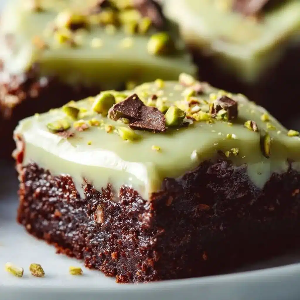 Pistachio brownies with creamy pistachio ganache on a plate