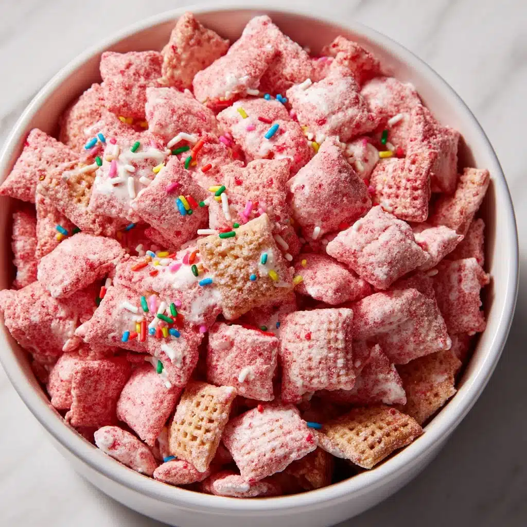 Quick Strawberry Shortcake Puppy Chow 3 Quick Strawberry Shortcake Puppy Chow dessert recipe featuring crunchy cereal and strawberries.