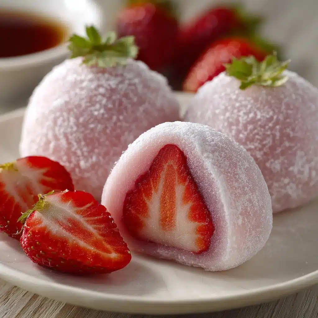 Delicious Strawberry Mochi dessert featuring sweet strawberries wrapped in chewy rice cake.