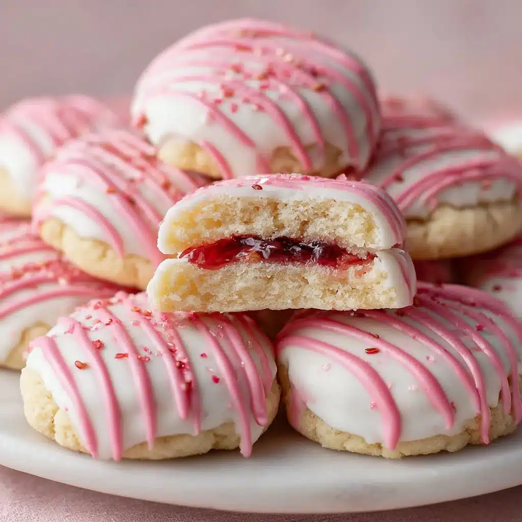 Delicious strawberry shortcake cookies stacked on a plate.