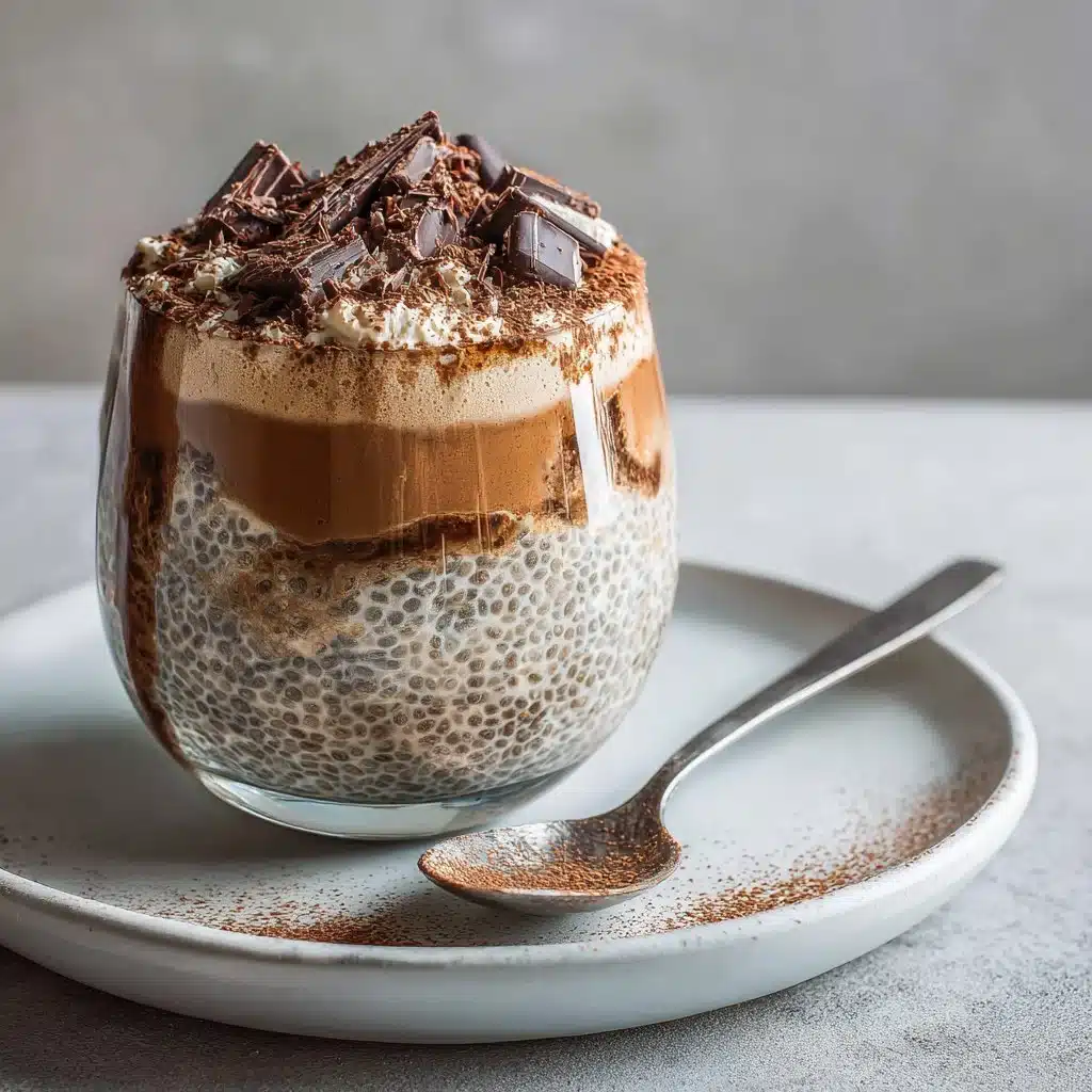 Indulge in Creamy Tiramisu Chia Seed Pudding - A Dessert Delight 3 Delicious tiramisu chia seed pudding served in a glass with cocoa topping