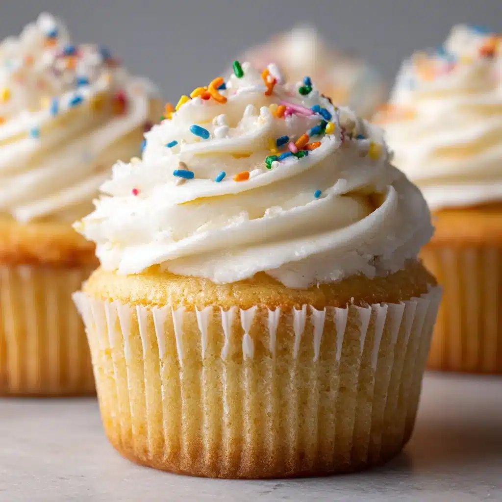 Delicious vanilla cupcake topped with creamy frosting and sprinkles
