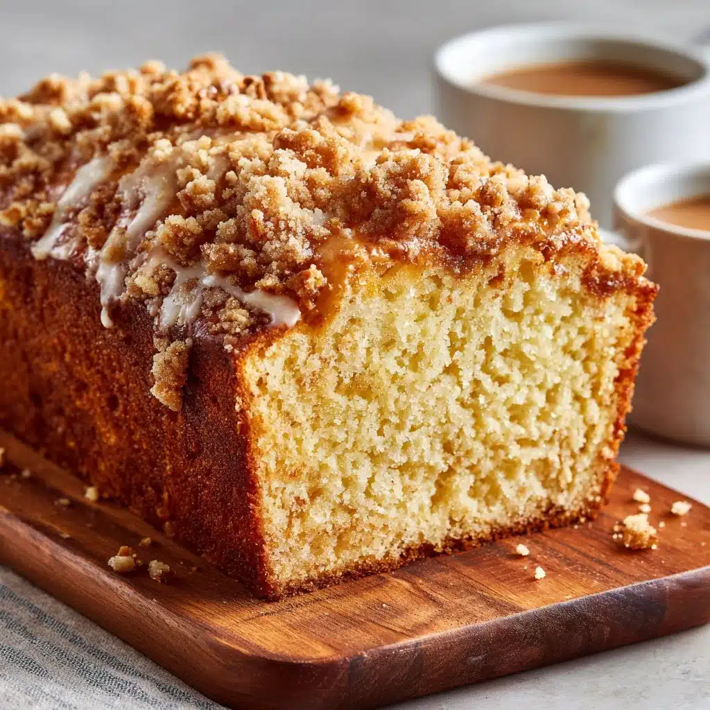 Freshly baked Vanilla Eggnog Bread with Crumb Topping on a wooden table