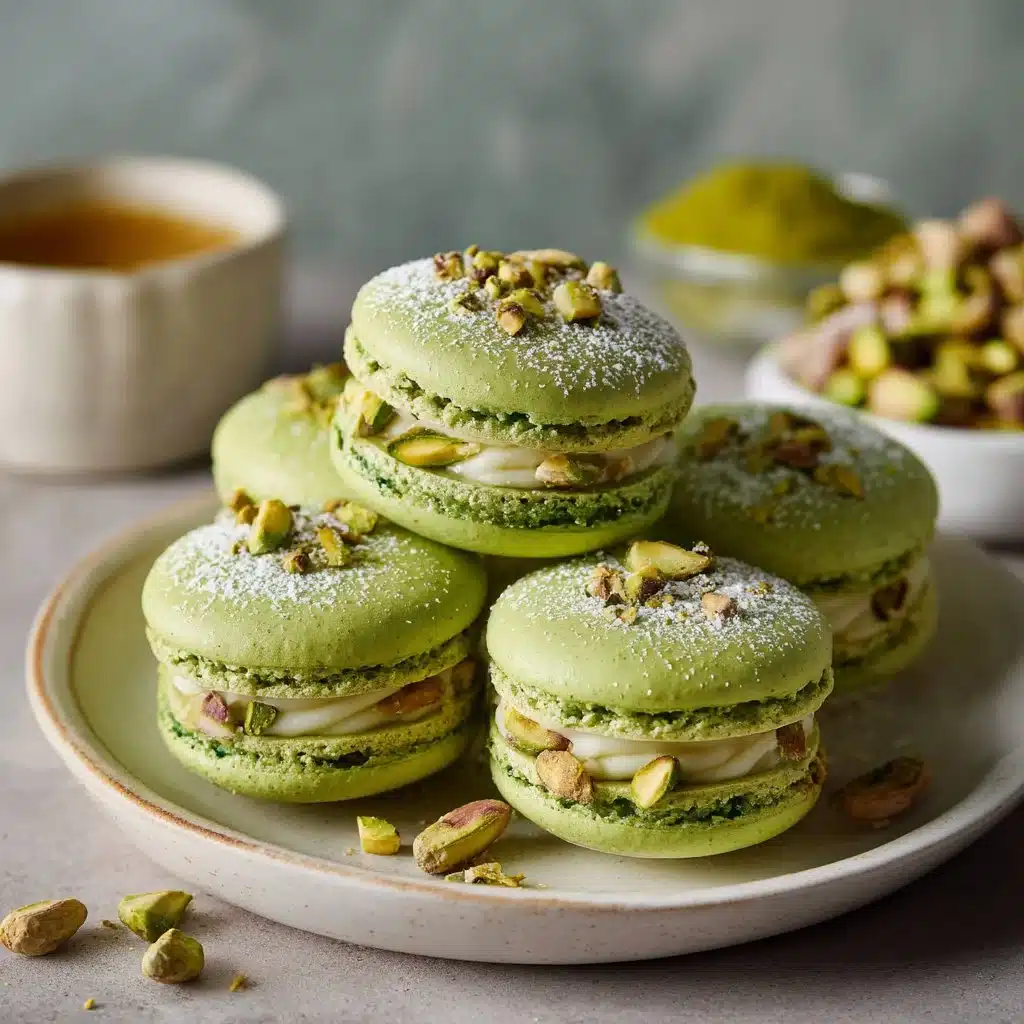 Vegan pistachio macarons beautifully arranged on a plate