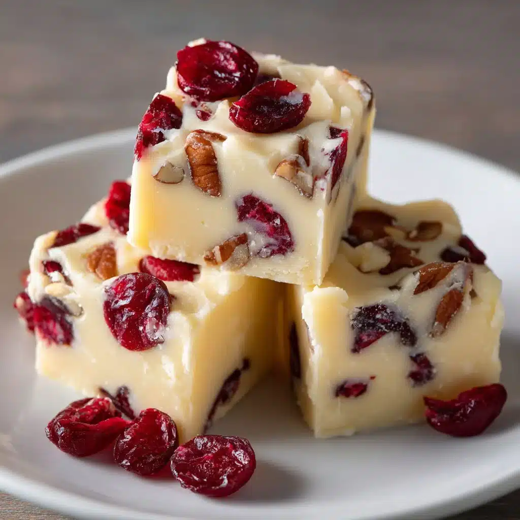 Delicious white chocolate cranberry fudge pieces on a plate