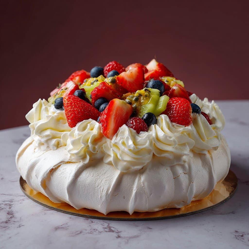 Elegant Pavlova with Whipped Cream and Fresh Fruit 4 Elegant Pavlova with Whipped Cream and Fresh Fruit
