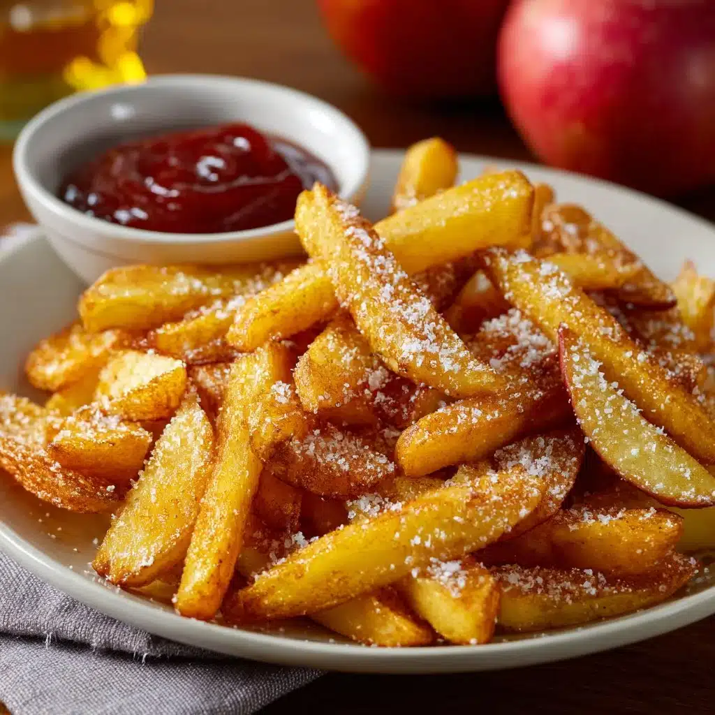 Crispy air fryer apple fries served with a dipping sauce