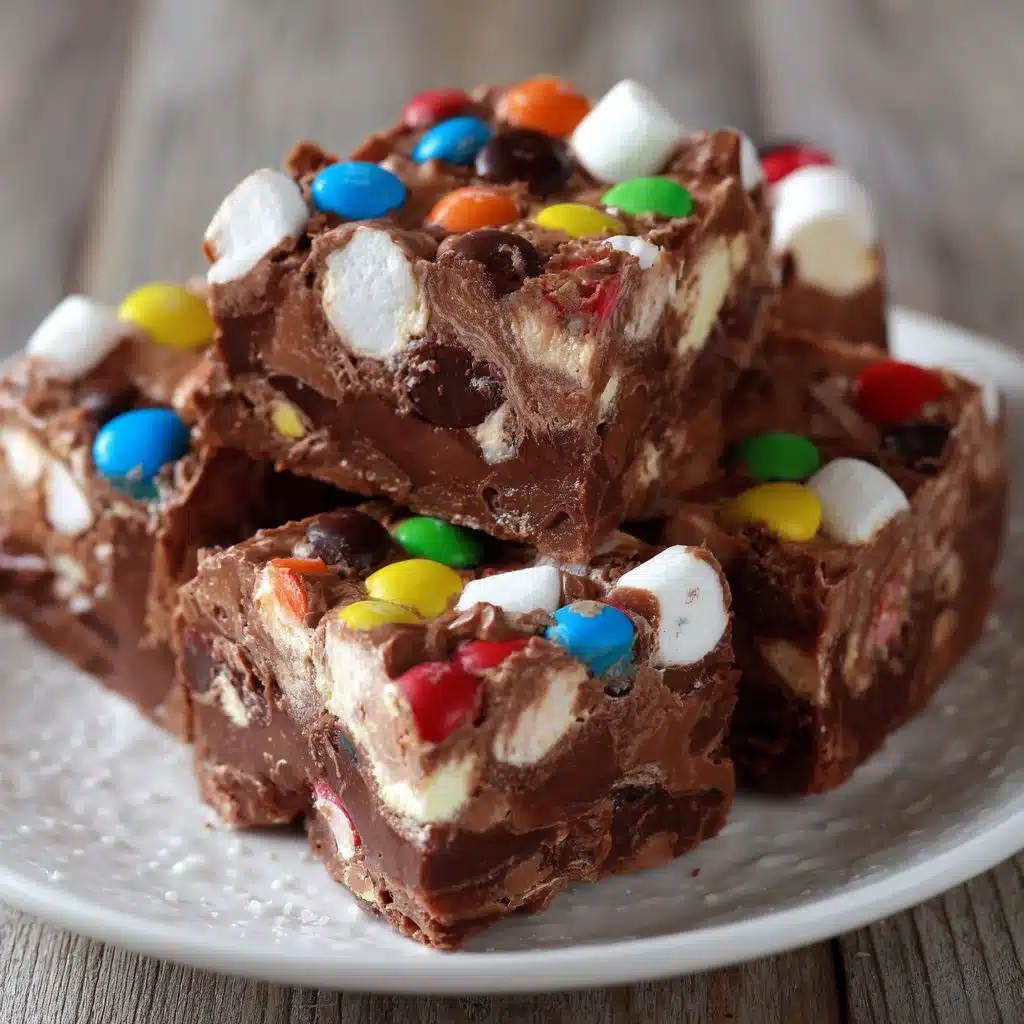 Indulgent Chocolate Marshmallow M&M Fudge Recipe You’ll Adore 3 Delicious Chocolate Marshmallow M&M Fudge topped with colorful M&Ms.