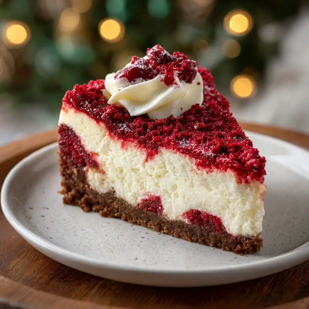 Christmas Red Velvet Cheesecake topped with cream cheese frosting and festive decorations.