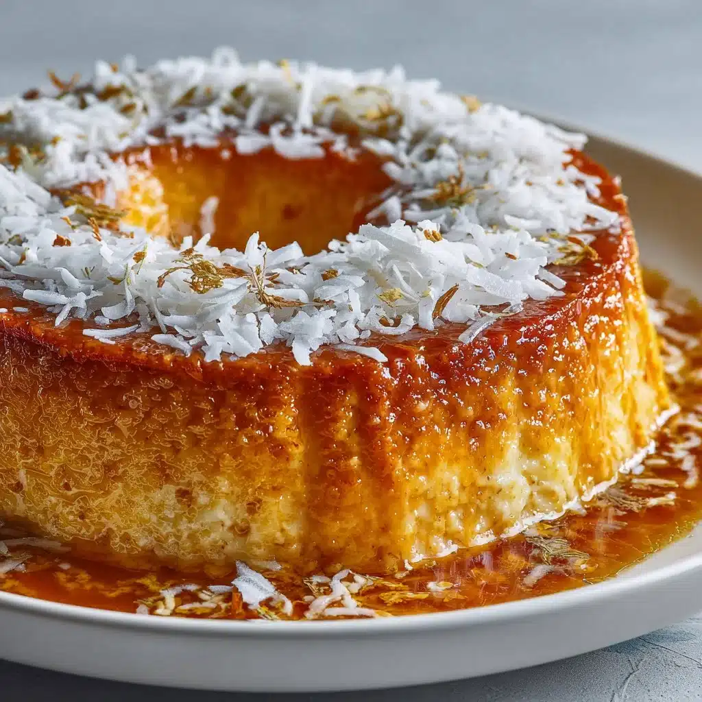 Delicious coconut flan topped with caramel sauce in a white dish