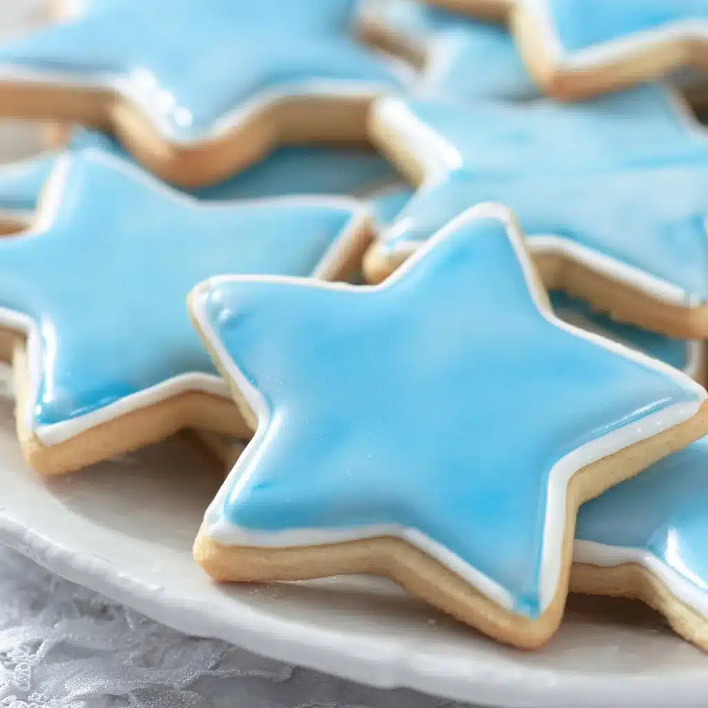 Decorative sugar cookie icing designs on freshly baked cookies