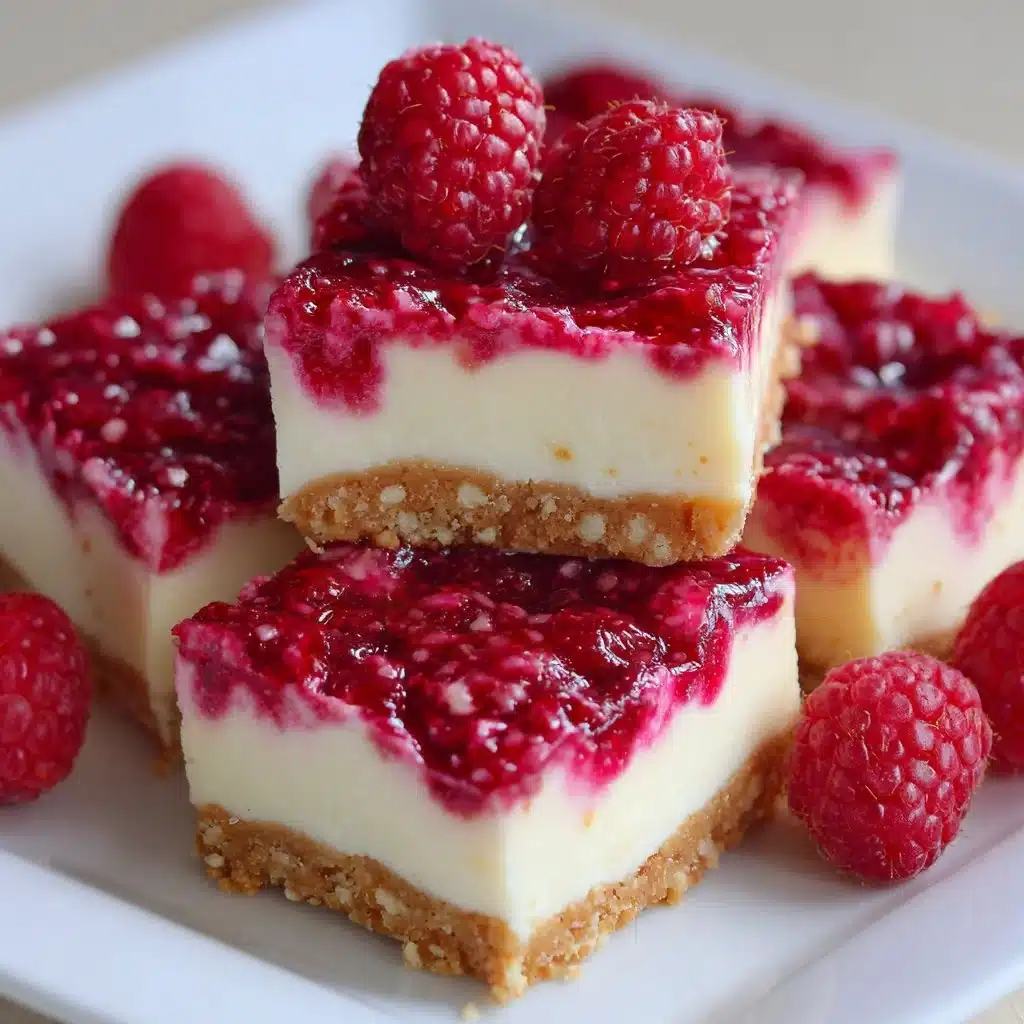 Delicious No-Bake Raspberry Cheesecake Bars 3 No-bake raspberry cheesecake bars topped with fresh raspberries