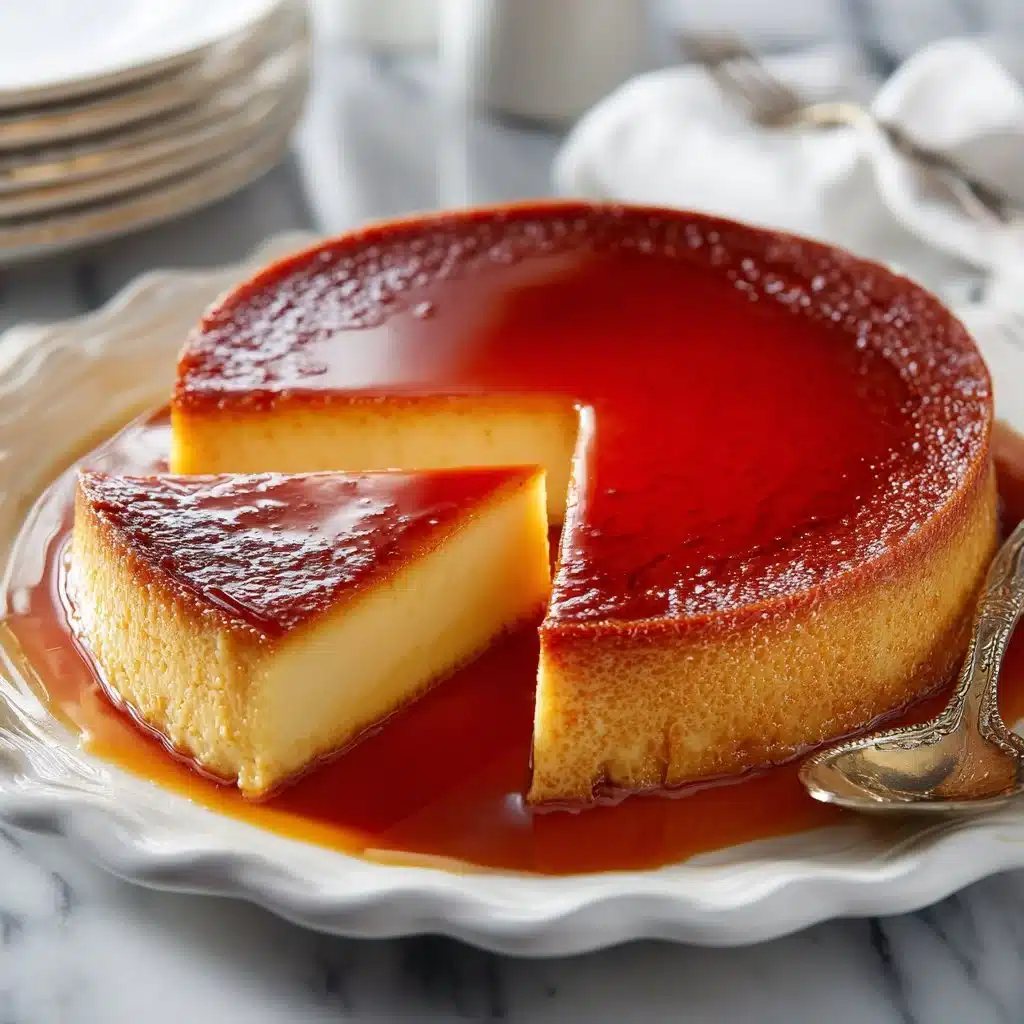 Delicious easy Spanish caramel flan dessert topped with caramel sauce
