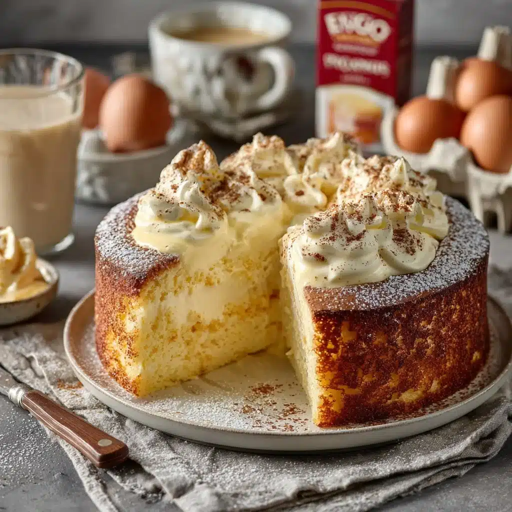 Delightful Eggnog Magic Cake Recipe for Your Holiday Gatherings 3 Slice of festive Eggnog Magic Cake topped with cream and nutmeg