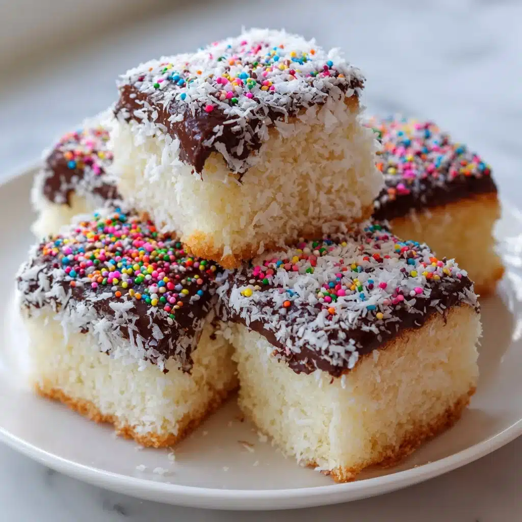 Delicious Fairy Bread Lamingtons with colorful sprinkles and coconut coating.