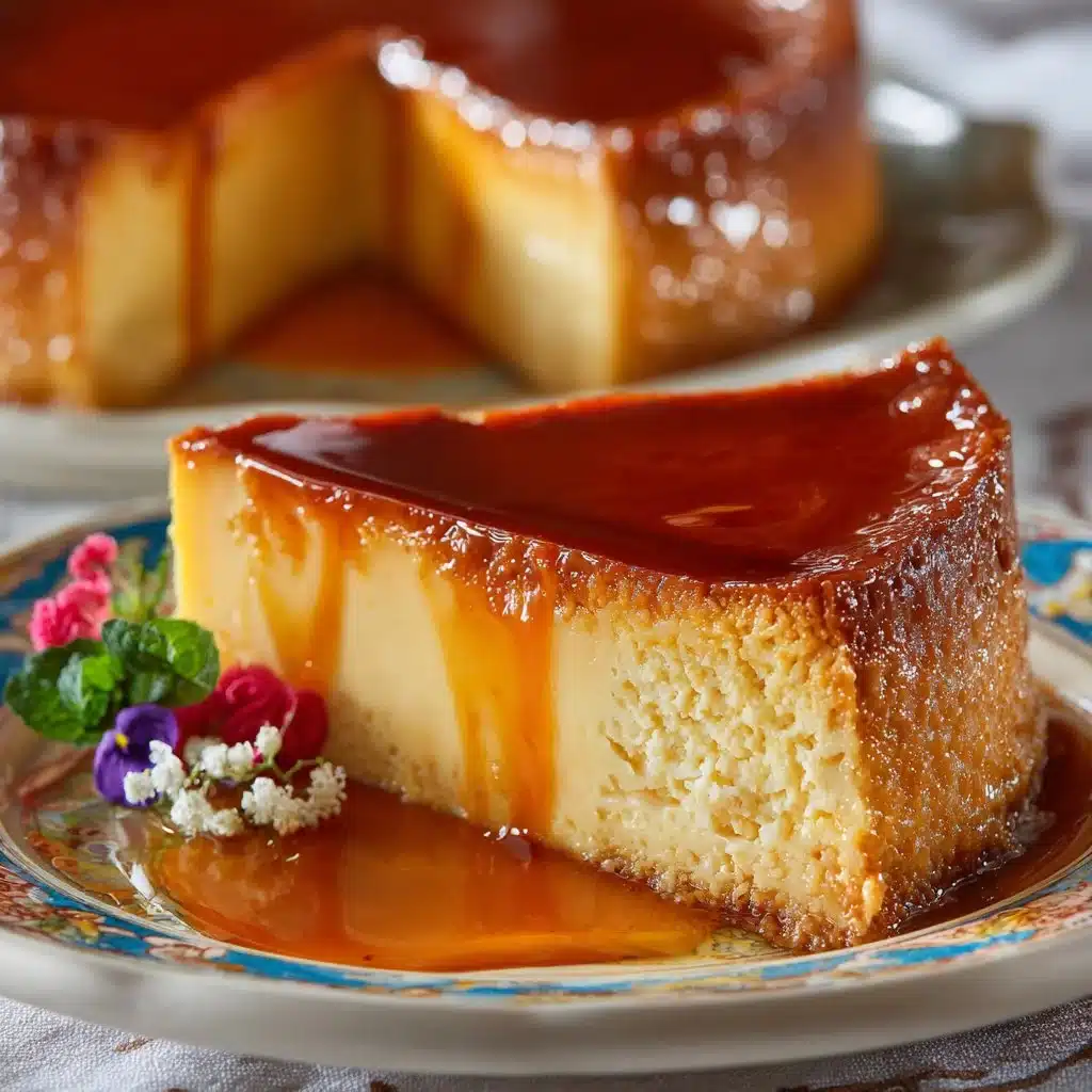 Delicious Flan Cake topped with caramel glaze on a white plate
