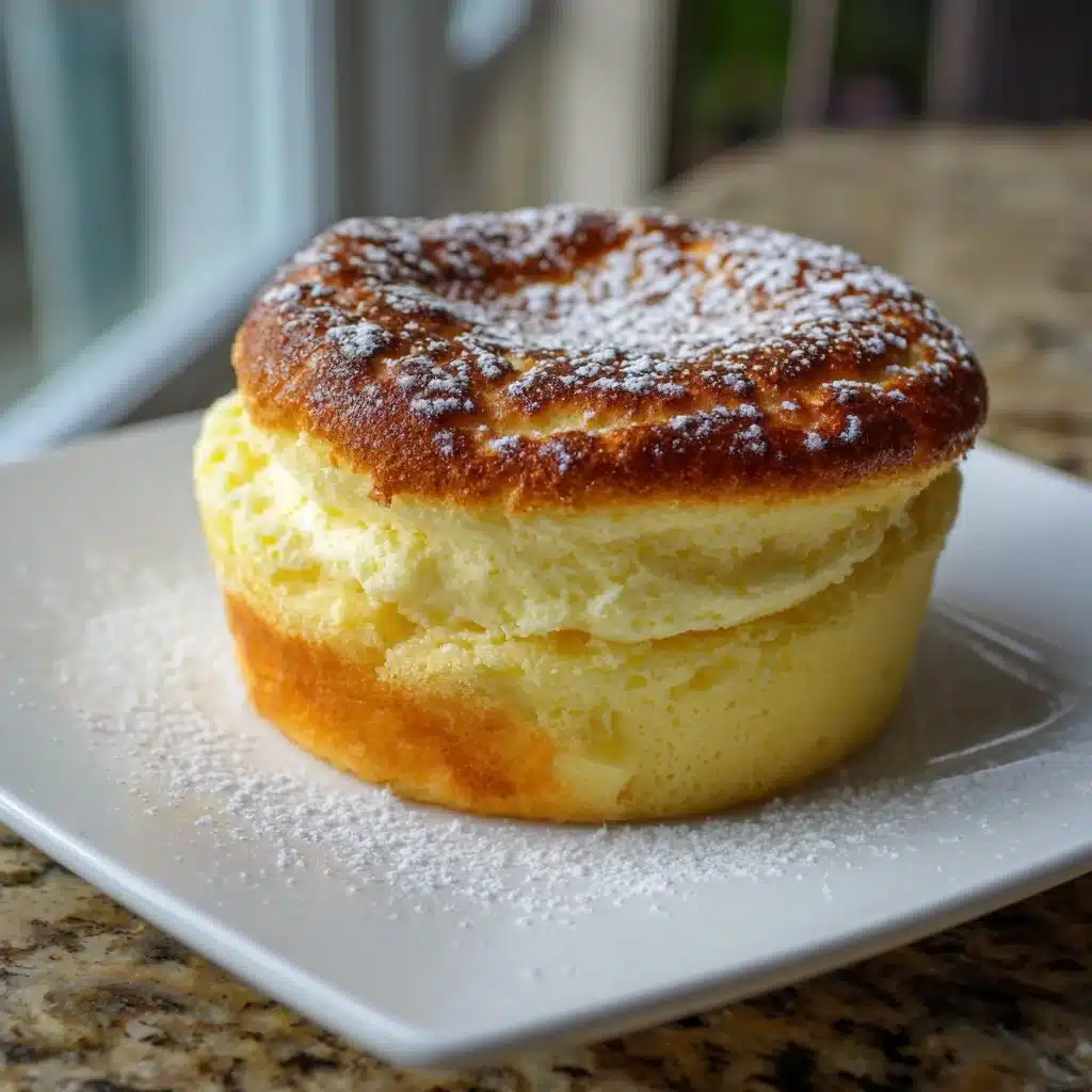 A fluffy vanilla soufflé served in a ramekin, garnished with powdered sugar.
