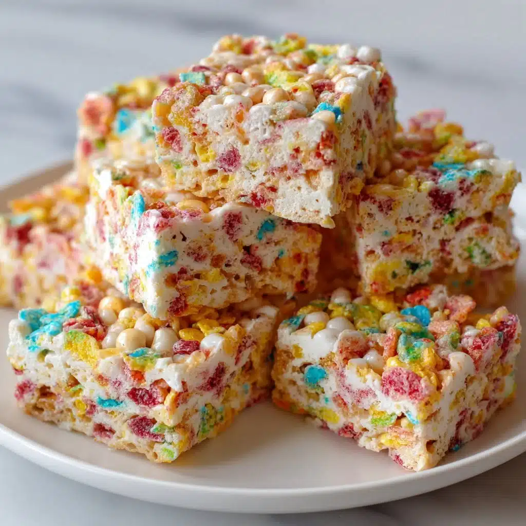 Colorful Fruity Pebbles Rice Krispie Treats stacked on a plate