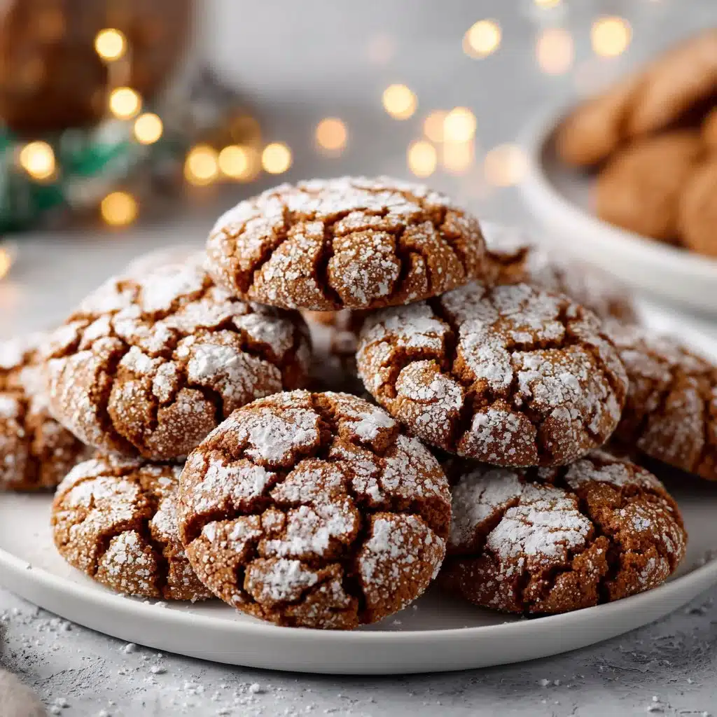 Batch of gingerbread crinkle cookies on a holiday-themed plate