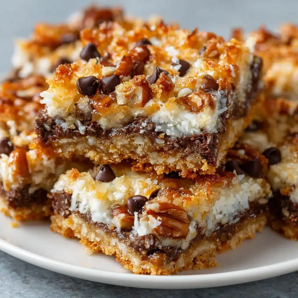 Delicious Heavenly 7 Layer Bars topped with chocolate and coconut