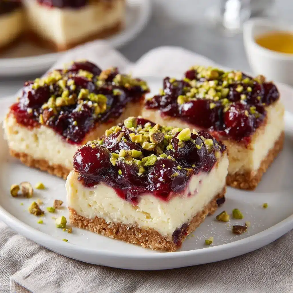 Heavenly Cherry Pistachio Cheesecake Bars topped with cherries and pistachios