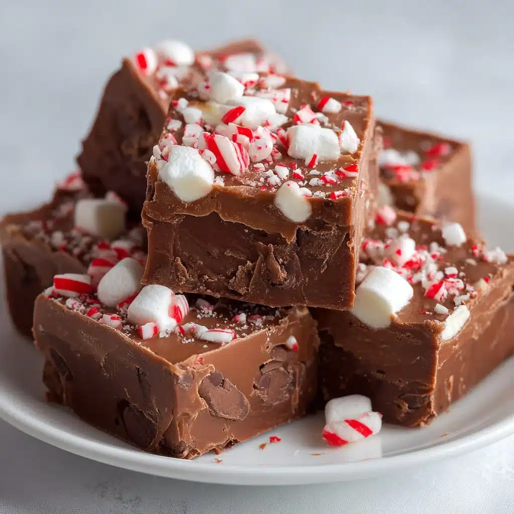 Hot Chocolate Peppermint Fudge dessert topped with crushed peppermint candies.
