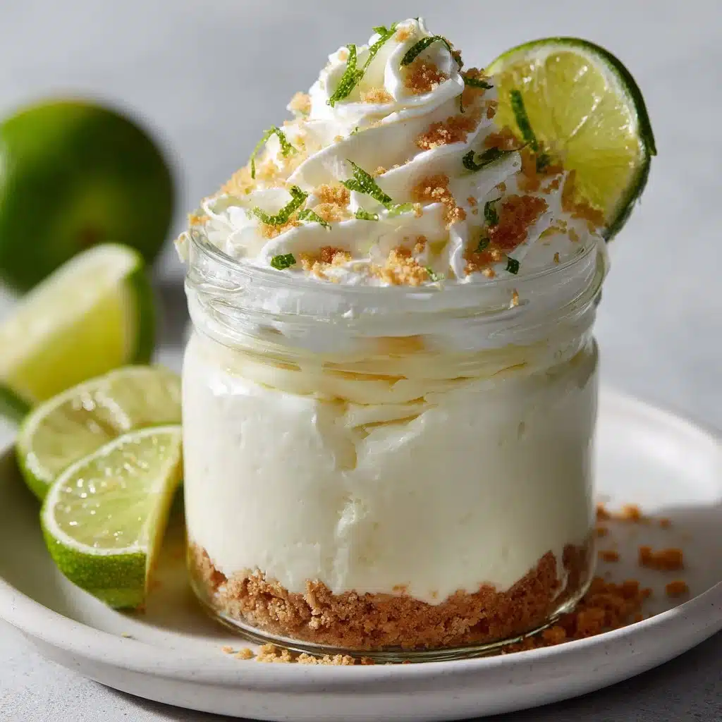 No-bake Key Lime Pie Mason Jar Dessert with whipped cream and lime garnish