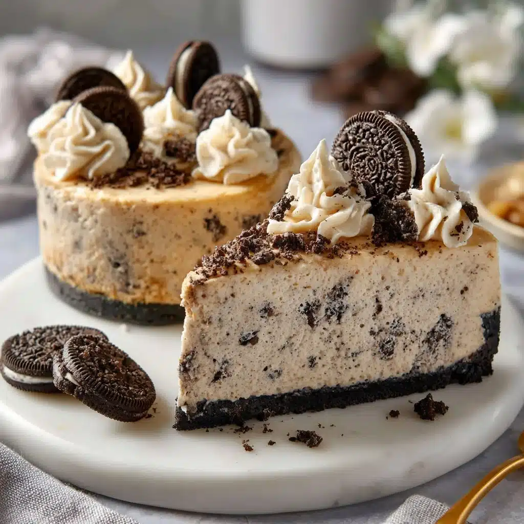 No-bake Oreo cheesecake topped with crumbled Oreos and chocolate drizzle.