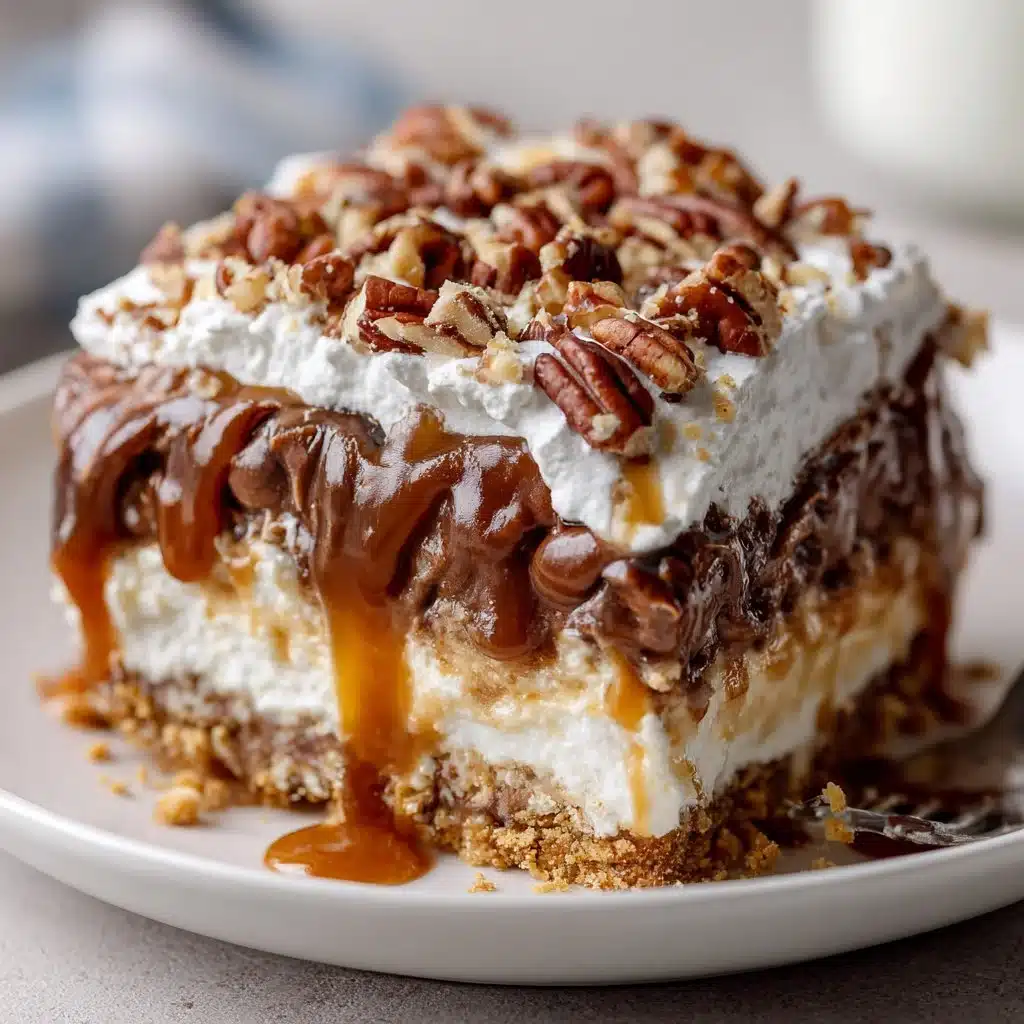 No-Bake Turtle Lasagna Dessert: Simple Yet Irresistible Treat! 3 No-Bake Turtle Lasagna Dessert with chocolate, caramel, and pecans