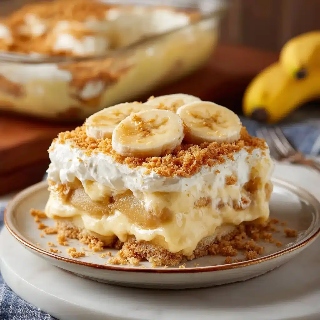 A bowl of old-fashioned homemade banana pudding topped with whipped cream and banana slices.
