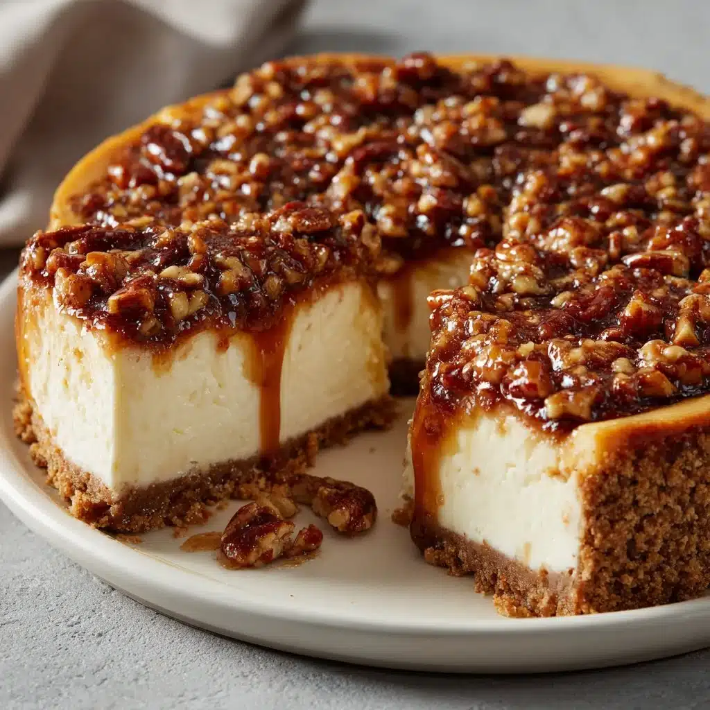 Delicious pecan pie cheesecake with caramel drizzle and pecans on top.